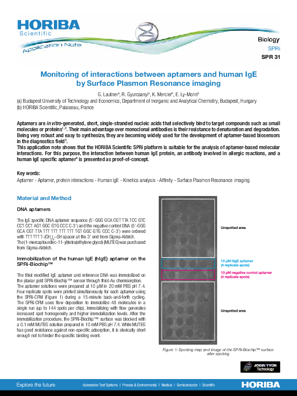 Monitoring of interactions between aptamers and human IgE by Surface Plasmon Resonance imaging thumbnail