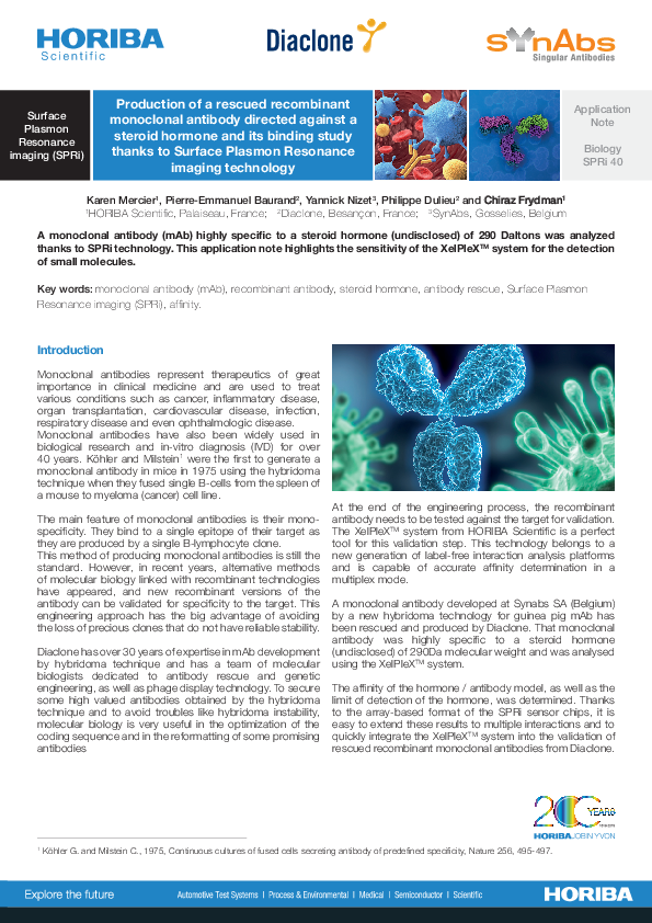Production of a rescued recombinant monoclonal antibody directed against a steroid hormone and its binding study thanks to Surface Plasmon Resonance imaging technology thumbnail