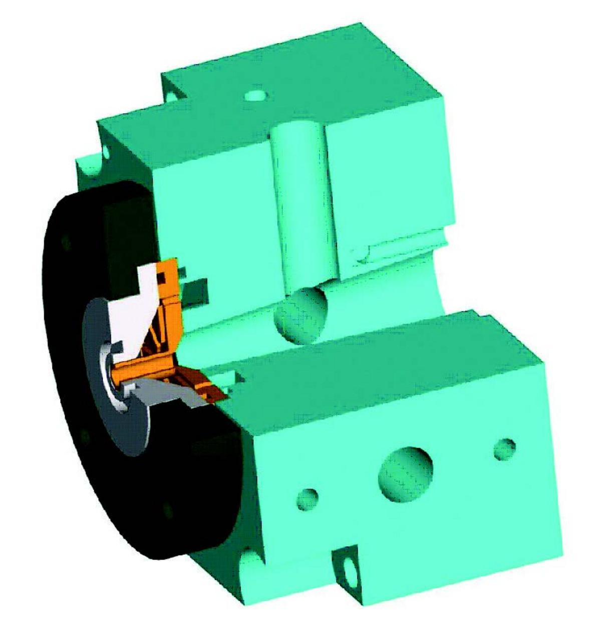 Cross section view of the analytical GD source mounted on a stainless steel body with gas, vacuum and light path connections.