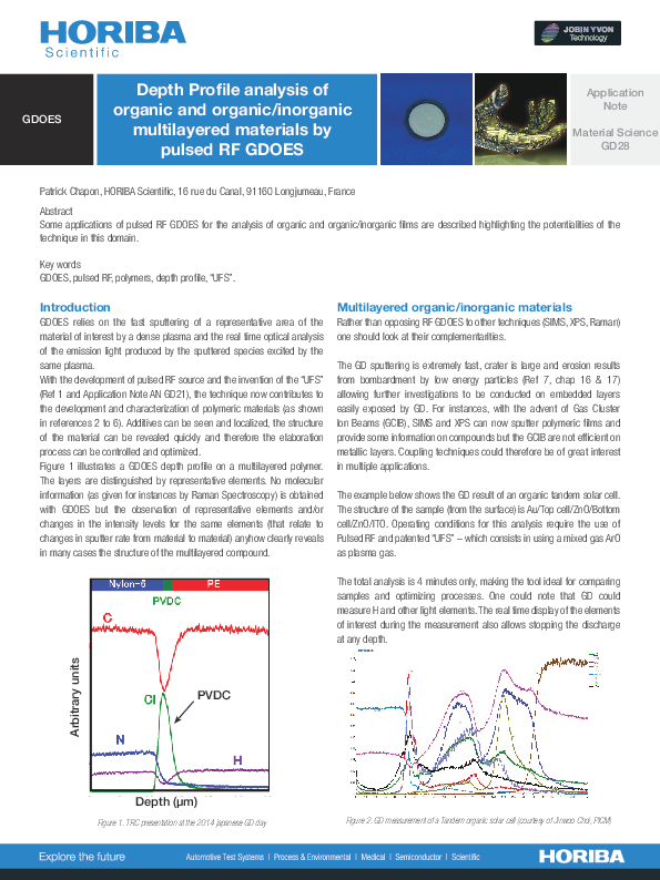 Depth Profile Analysis of Organic and Organic/Inorganic Multilayered Materials by Pulsed RF GDOES thumbnail