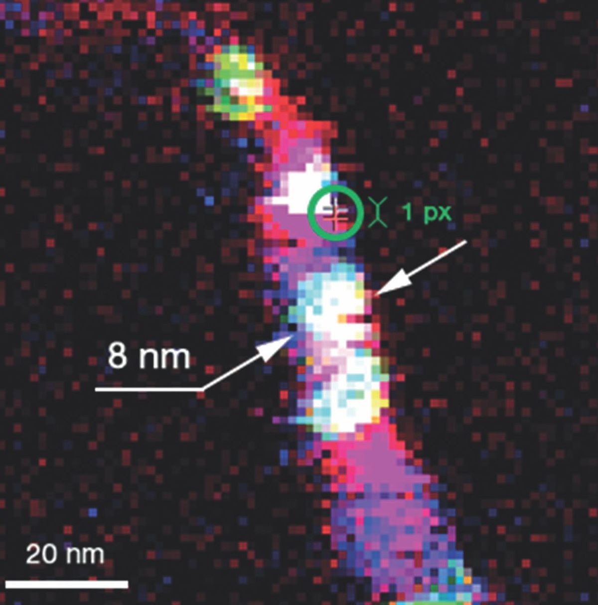 TERS image of 100 nm × 100 nm (75 × 75 pixels) of a carbon nanotube showing an optical spatial resolution down to 8 nm; total map acquisition time < 9 minutes.