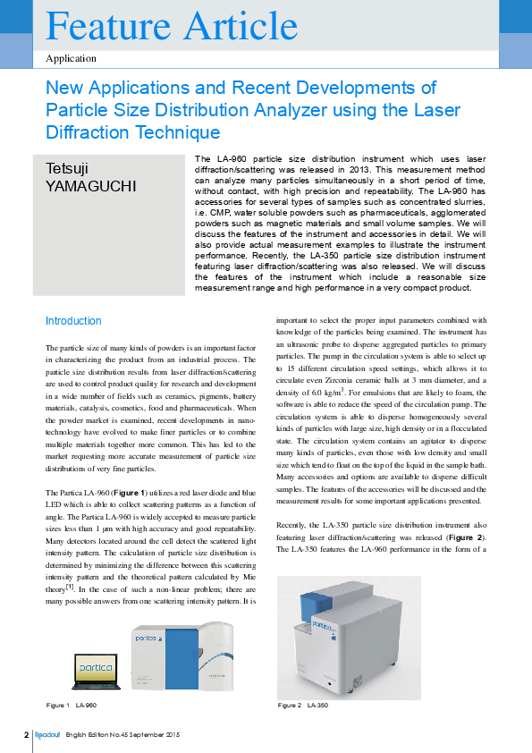 New Applications and Recent Developments of Particle Size Distribution Analyzer using the Laser Diffraction Technique thumbnail