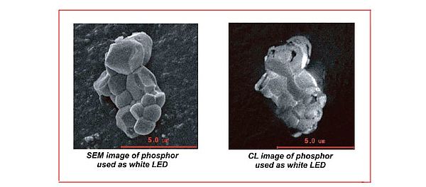 The SEM and the CL image of phosphor used as white LED. The SEM and the CL image of phosphor used as white LED.
