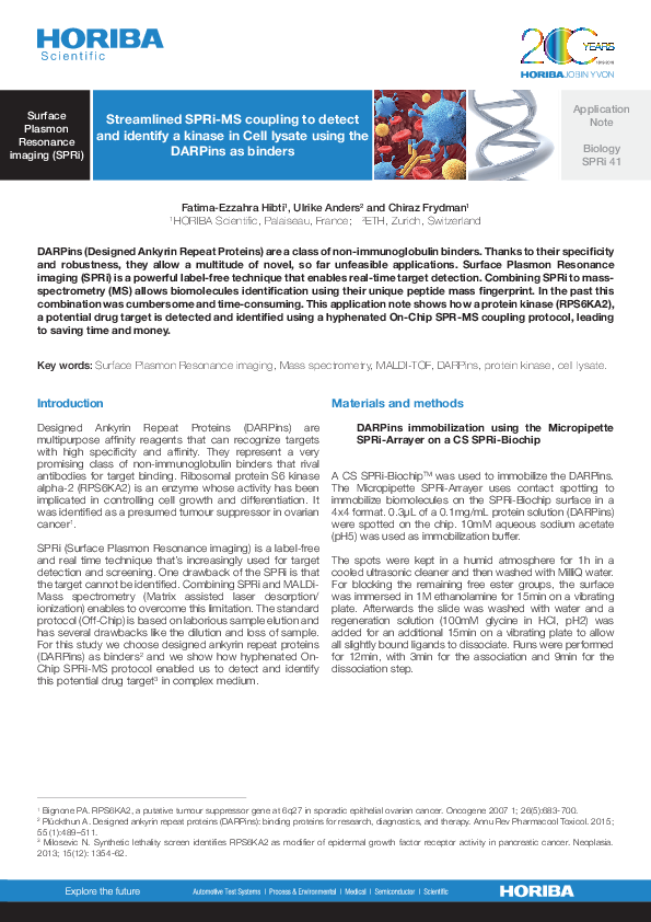 Streamlined SPRi-MS coupling to detect and identify a kinase in Cell lysate using the DARPins as binders thumbnail