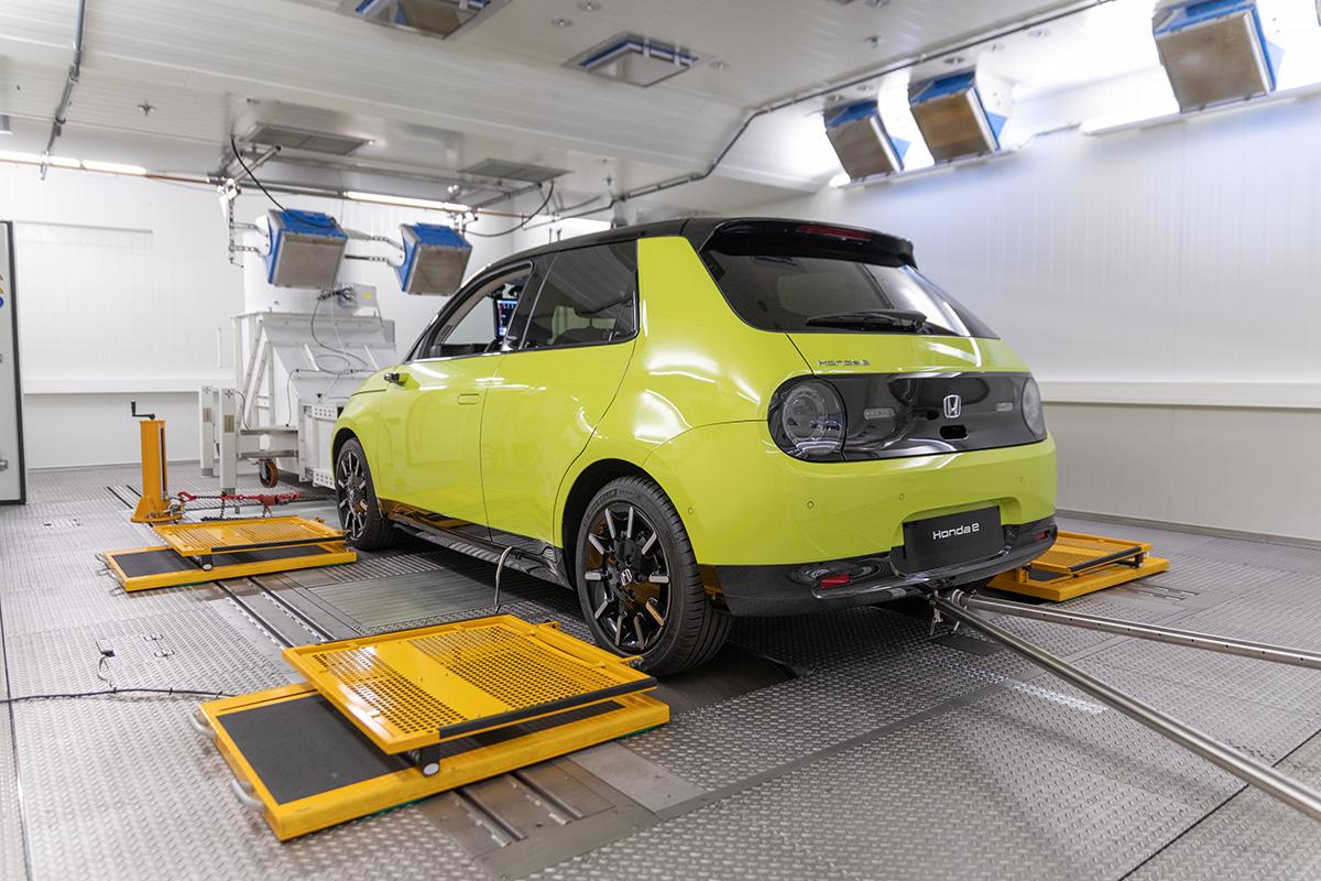 Vehicle testing on a chassis dynamometer during light-duty chassis testing for vehicle development, emissions measurement, and performance validation.