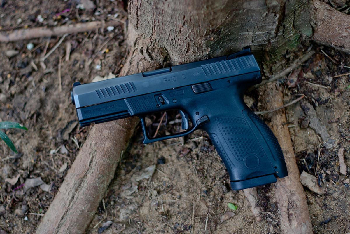 A semi auto 9 mm pistol with light weight polymer body