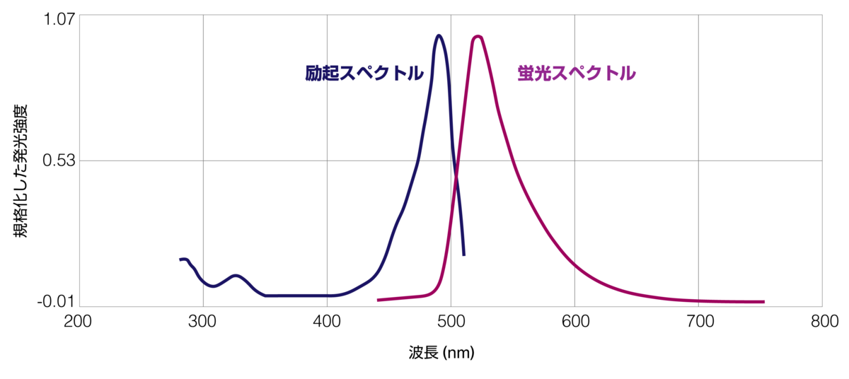 図1：励起スペクトル（青色）と発光スペクトル（紫色）は互いに鏡像の関係になっています。
