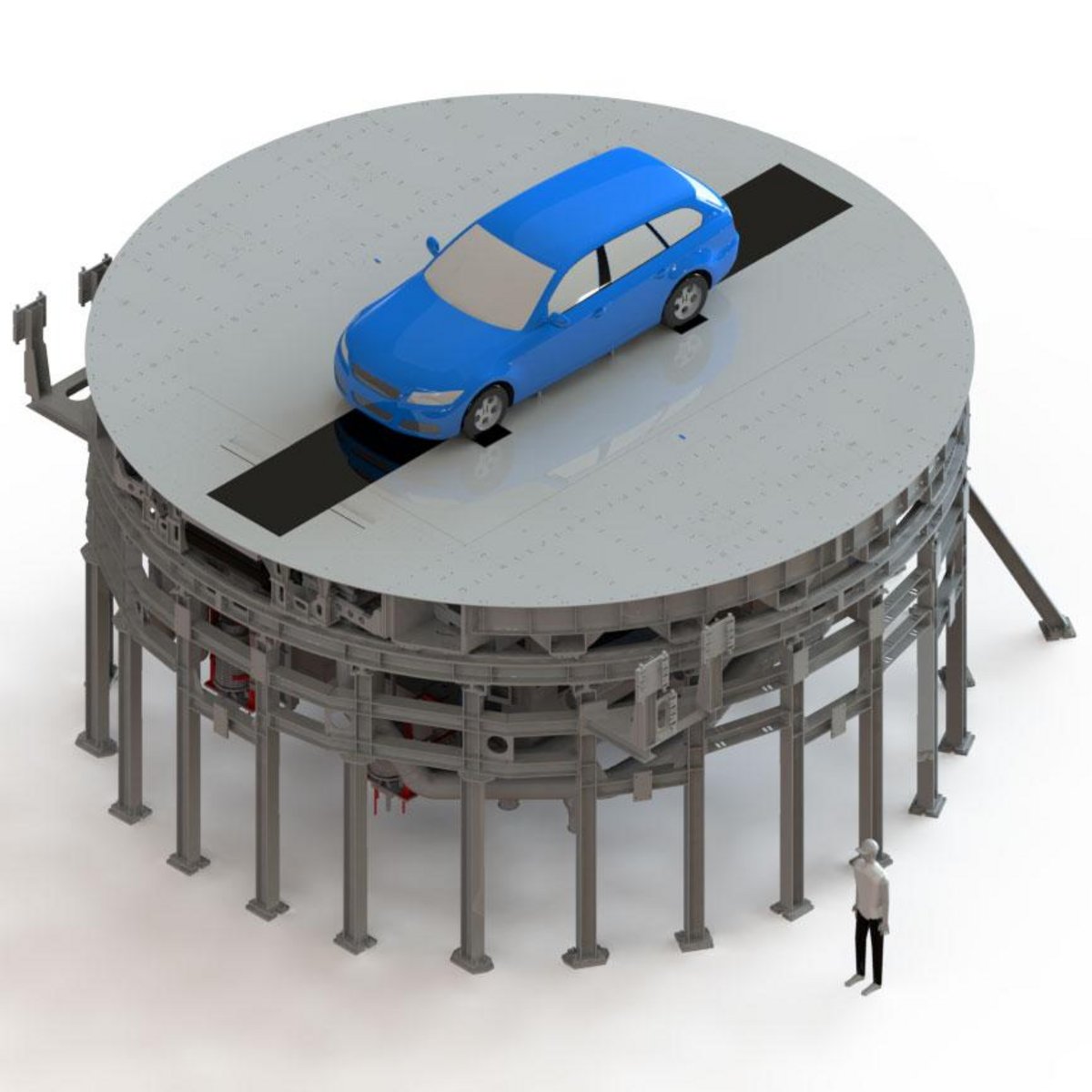 Rendering of a full-scale wind tunnel balance system with rolling road for automotive applications.