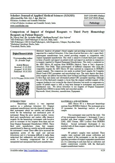 Comparison of Impact of Original Reagents vs Third Party Hematology Reagents on Patient Reports