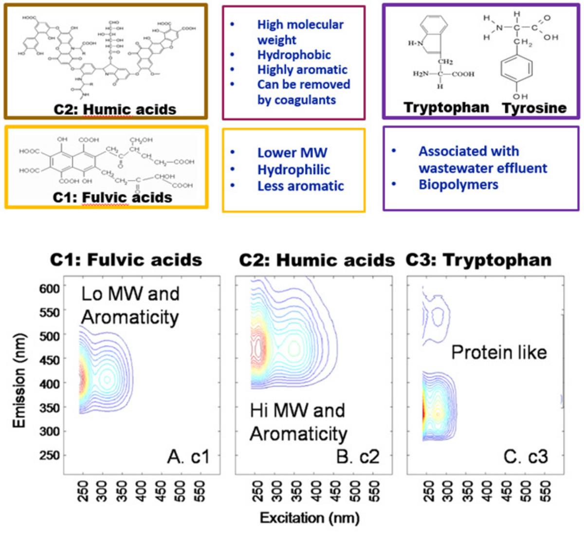 水中の一般的な蛍光化合物には、フミン酸、フルボ酸、およびアミノ酸(廃水)が含まれます。これらはA-TEEM測定データをPARAFAC解析することにより、さまざまな処理プロセスの効果を評価できます。