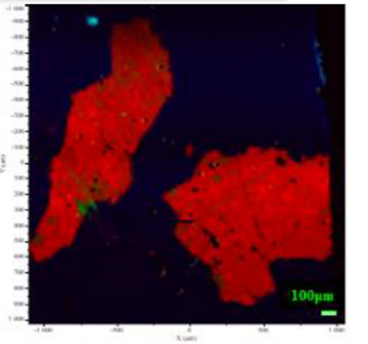 図5　グラフェンのラマンマッピング測定（赤：モノレイヤー　緑：バイレイヤー　黒：SiO2）