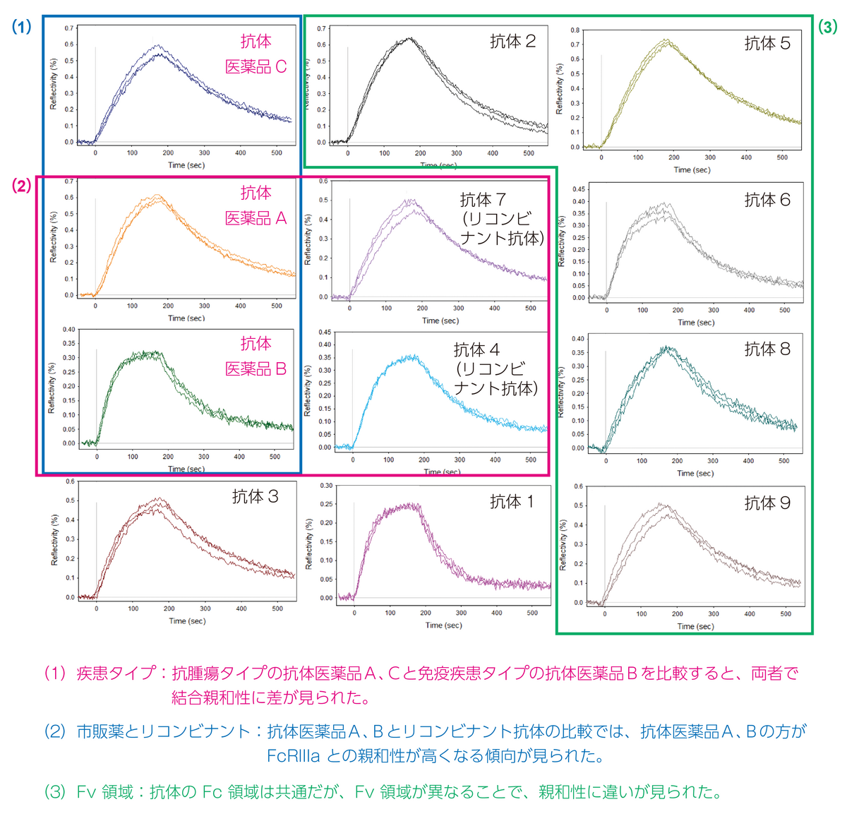 図2. FcRIIIaと12 種類の抗体とのカイネティクスカーブ