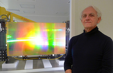 Prof Mourou and one of his initial diffraction gratings