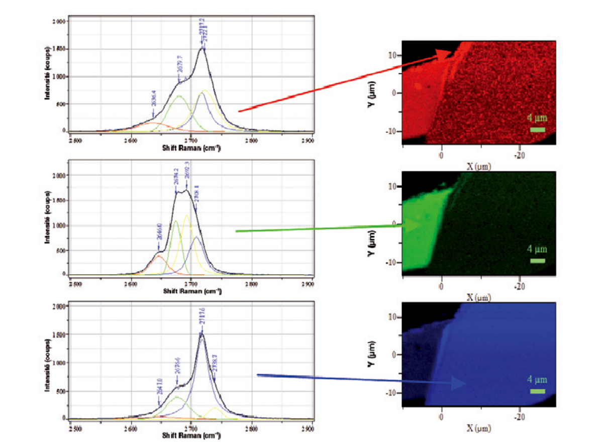 Figure 5:ラマン画像（右）はピーク分離による各パラメータに基づいたものであり、各画像の色の強度は、各点におけるスペクトルの積分強度に基づく。選択された点におけるピーク分離されたスペクトルを左に示す