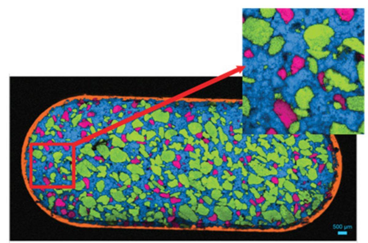 Raman spectral image of a 0.6 x 2.4 mm2 area of a pharmaceutical tablet, showing the distribution of aspirin (red), paracetamol (green),caffeine (blue) and cellulose (yellow).
