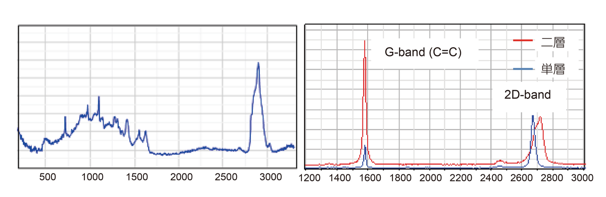 図4 （左）核酸、（右）[青]単層[赤]二層グラフェンのラマンスペクトル
