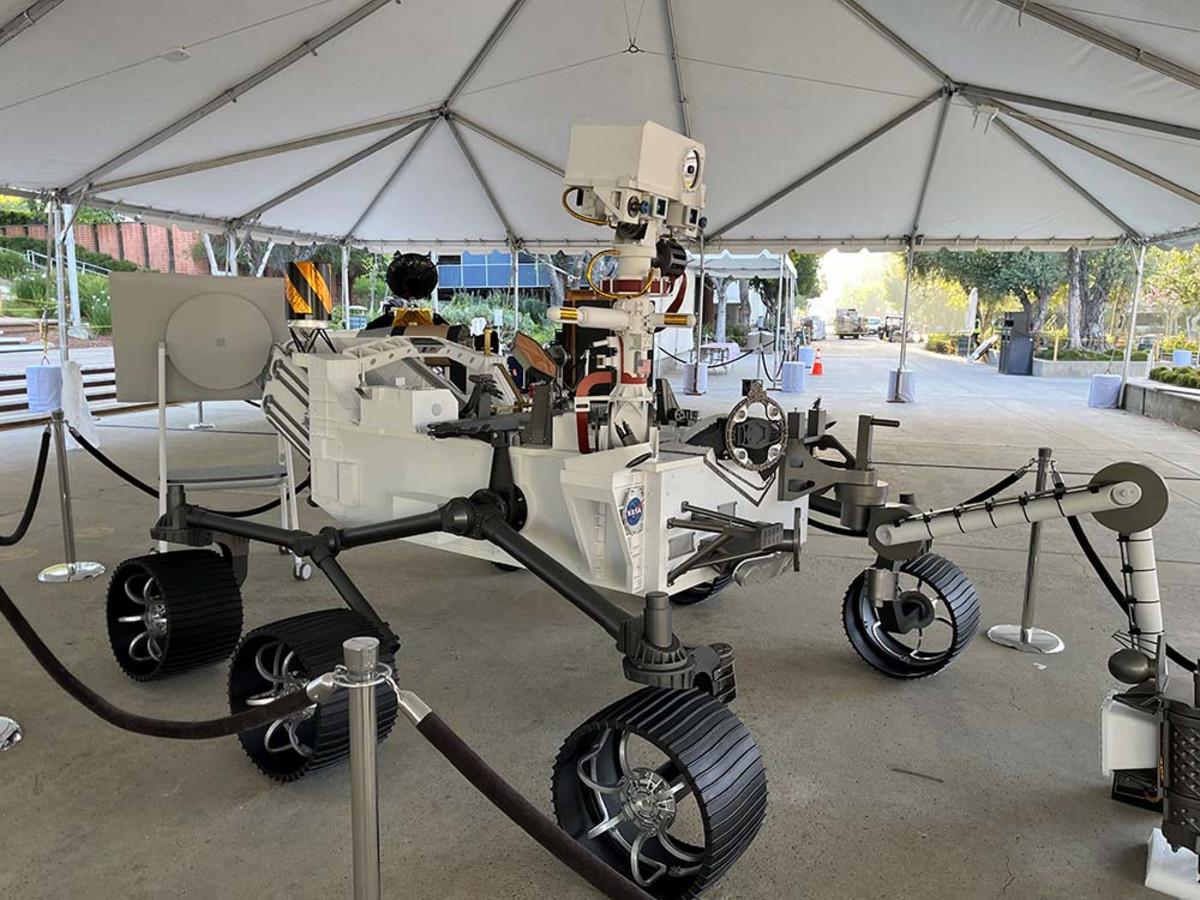 A full-scale model of the Perseverance rover, currently operating on the surface of Mars.