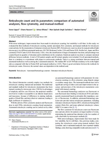 Reticulocyte count and its parameters: comparison of automated analyzers, flow cytometry, and manual method