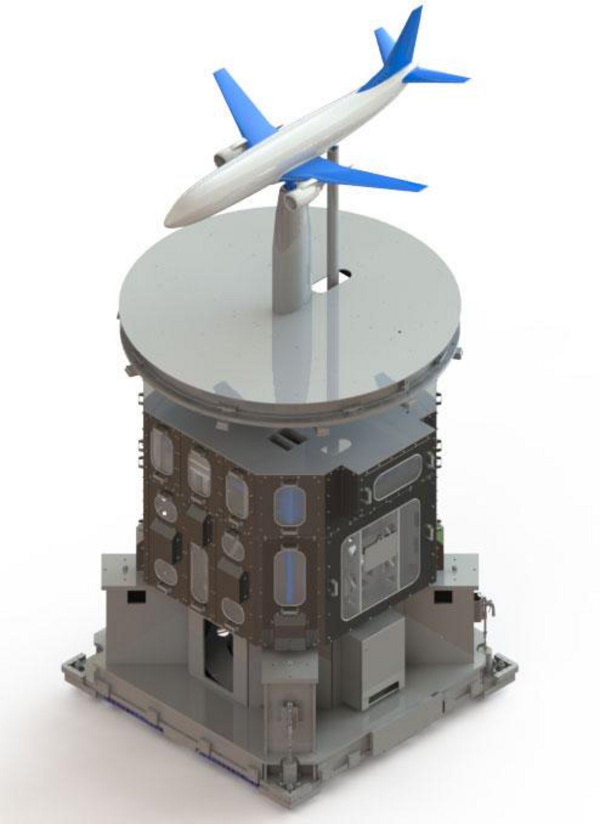 Rendering of a reduced-scale wind tunnel balance system for aviation applications.