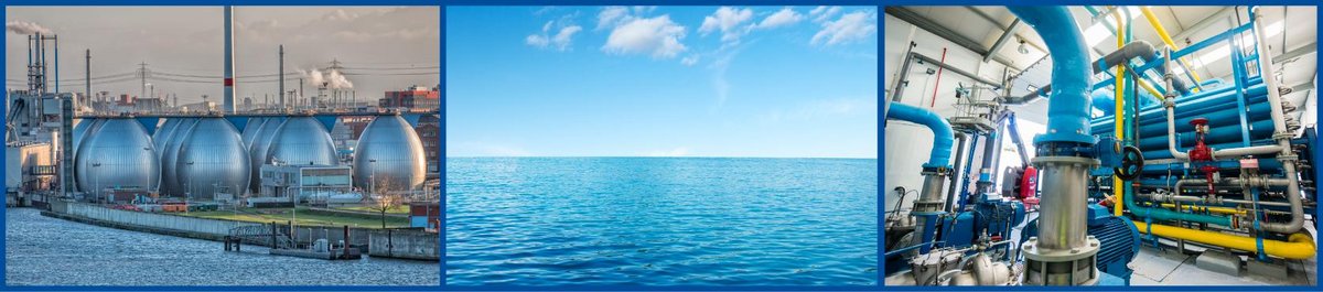 3 column images showing desalination plants and seawater 