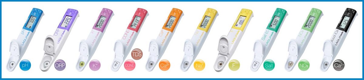 LAQUAtwin pocket meters: pH, ORP, potassium, electrical conductivity, total dissolved solids, calcium, sodium, fluoride, salinity, nitrate, bovine blood calcium