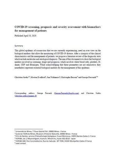 COVID-19 screening, prognosis and severity assessment with biomarkers for management of patients