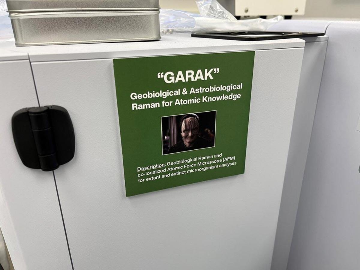 A sticker on the side of JPL's LabRAM HR Evolution Confocal Raman Microscope identifies its nickname as GARAK. 