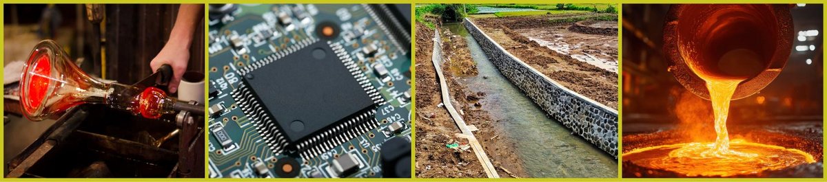 4 column images showing Glass Manufacturing, Semiconductor Etching, Fertilizer Leaching and Aluminum Smelting