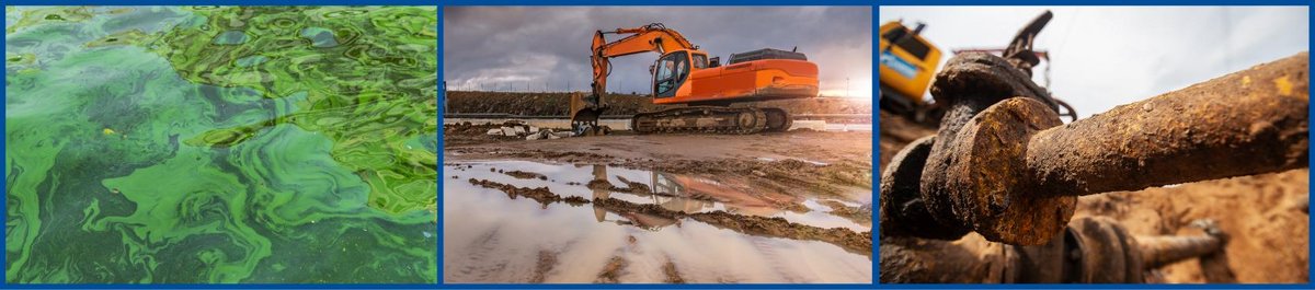 3 column image showing algal booms, construction activities and pipe corrosion which are some factors causing high turbidity in water bodies and water sources