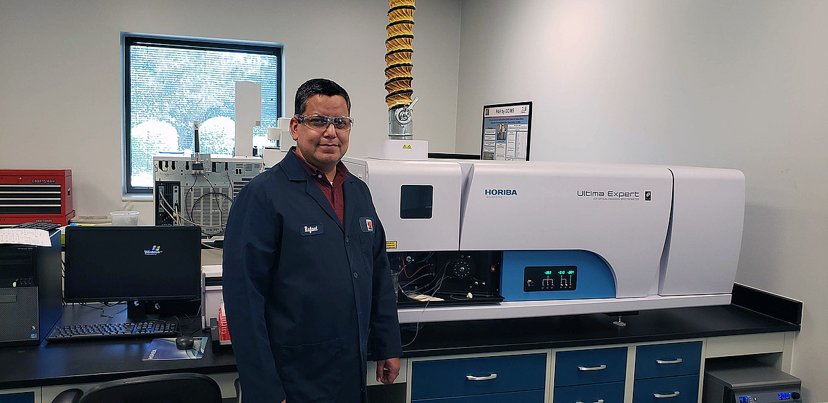 Rafael Vargas, Ph.D. in his Birla Carbon technology lab with a HORIBA Ultima Expert ICP-OES